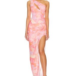 Revolve One-Shoulder Pink & Peach Tie-Dye Maxi Dress